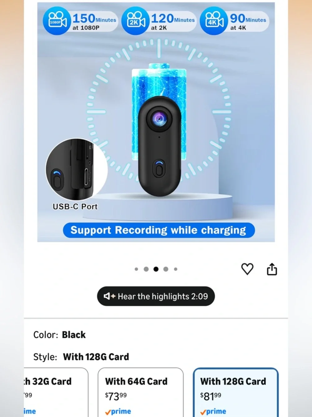 Amazon Black Mini HD Action Camera with Accessories